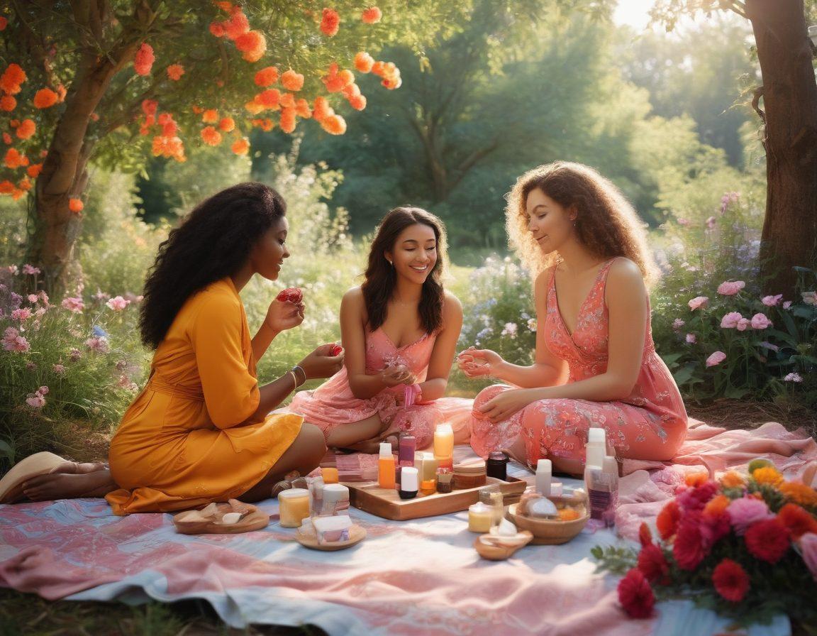 An empowering scene depicting diverse women of various backgrounds engaging in beauty rituals, enjoying a picnic while discussing dating and self-care tips. The setting features vibrant flowers, soft sunlight filtering through the trees, and curated beauty products scattered around. Include symbols of femininity like hearts and floral patterns. The overall tone should be uplifting and nurturing, capturing the essence of modern femininity. vibrant colors. super-realistic.