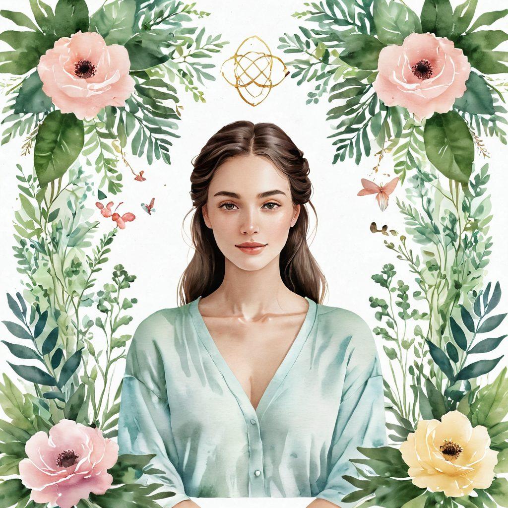 A serene woman practicing self-care in a tranquil setting, adorned with elements symbolizing empowerment like flowers and soft light. She is surrounded by a collage of dating symbols transitioning into self-love visuals, such as mirrors reflecting positivity and nurturing plants. The background should feel uplifting and harmonious, showcasing a balance between romance and personal growth. watercolor style. soft pastel colors. gentle textures.