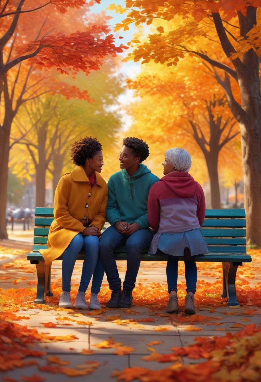 A warm and inviting scene depicting two friends sitting on a park bench, engaged in an animated conversation. Surround them with vibrant autumn leaves, symbolizing change and growth, while soft sunlight filters through trees, casting gentle shadows. Include subtle elements representing mental health, like color bursts emerging from their heads, illustrating positivity and support. Create a cozy atmosphere that feels both uplifting and relatable. super-realistic. vibrant colors. 3D.